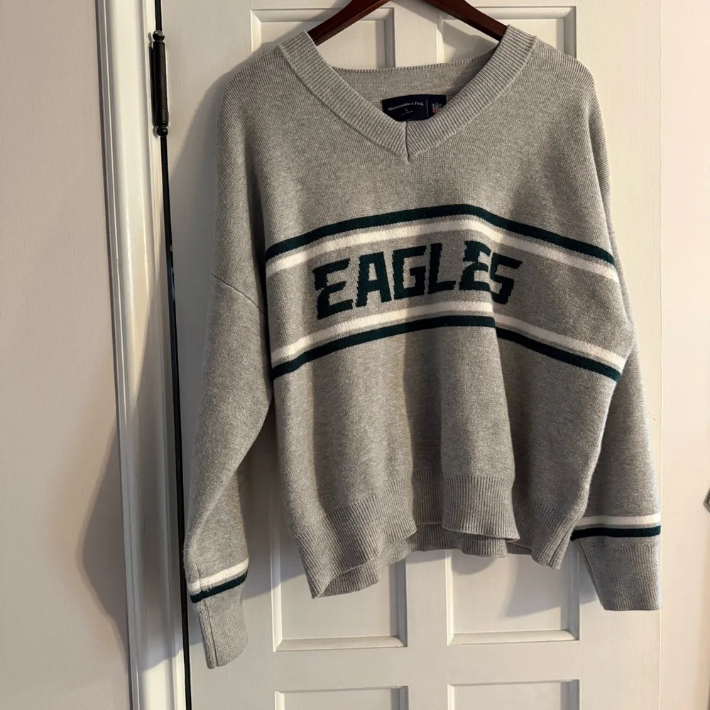 Abercrombie & Fitch Gray V-Neck Sweater with Eagles Design - Picture 1 of 7
